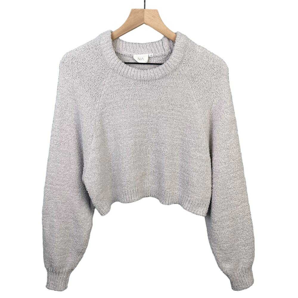 NIA Pullover Cropped Sweater Medium Gray Round Neck Ballon Sleeve Loose Fit